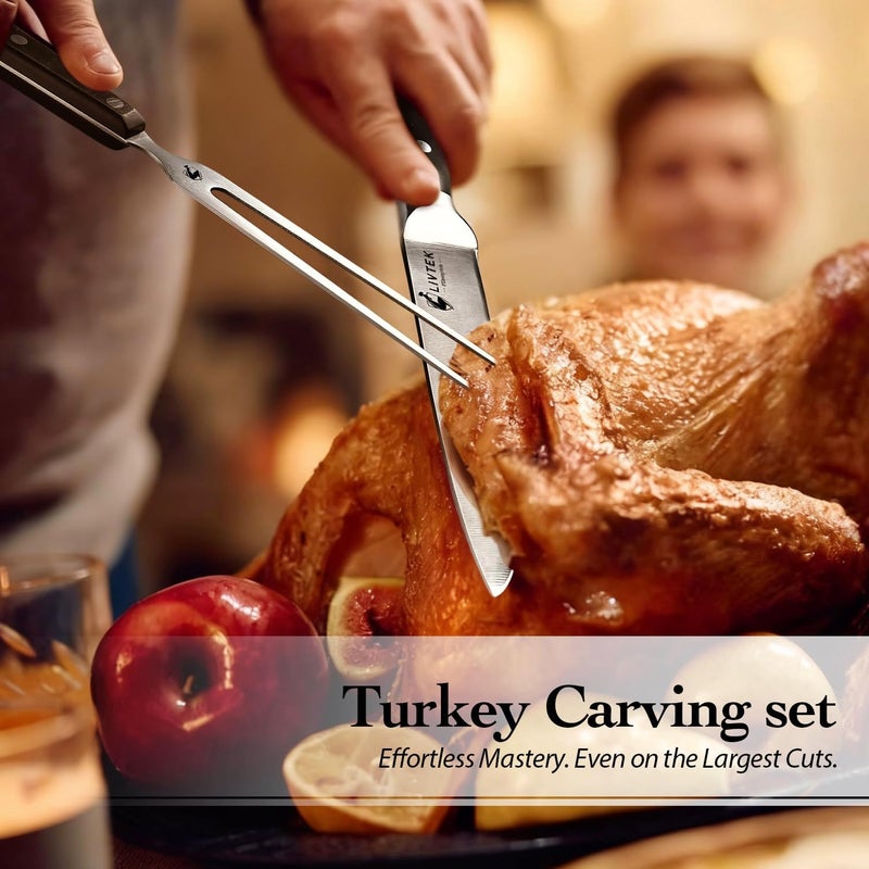 Livtek Carving Knife Set - Razor-Sharp German Stainless Steel - Ergonomic Handle & Full Tang Design - for Slicing Roast, Turkey, Ham, BBQ - 8 Inch Knife & 7 Inch Fork - Thanksgiving Gift - Image 2